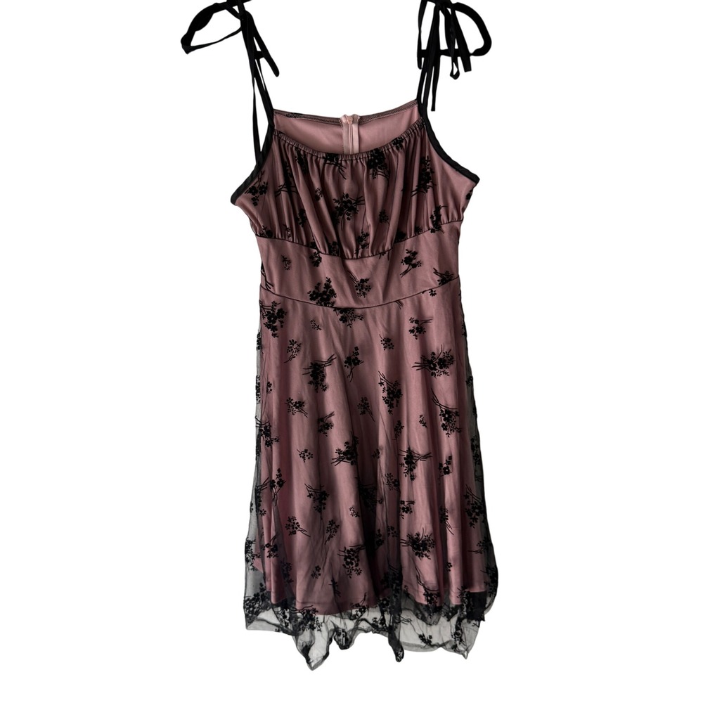 Whimsigoth Pink Floral Black Lace Trim Dress Spaghetti Strap‎ Party Fairy Grunge